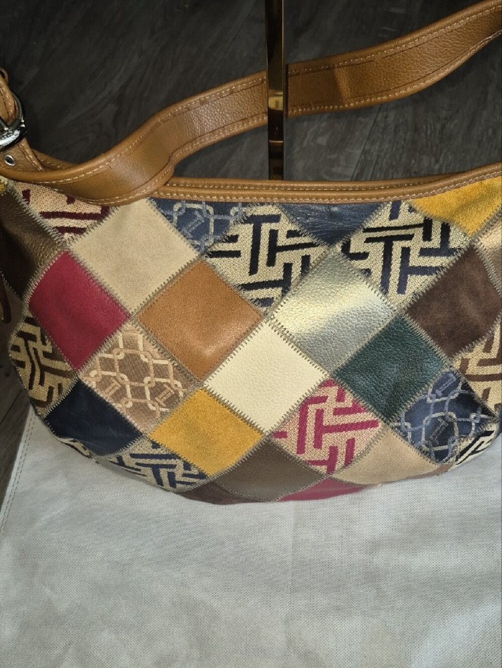 Tignanello Patchwork Multicolor Leather Shoulder Bag - Tan Strap - Picture 3 of 10